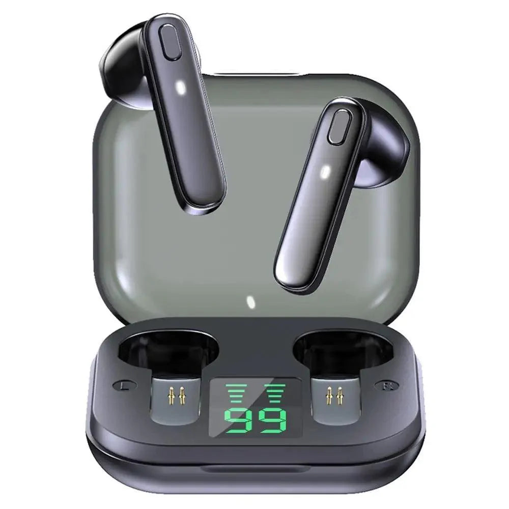 Black wireless Bluetooth 5.2 stereo earbuds with touch control interface