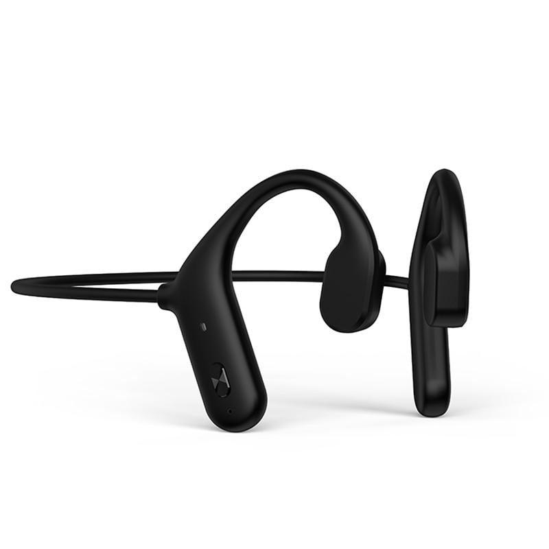 Black bone conduction wireless sports headphones with Bluetooth 5.0 technology.