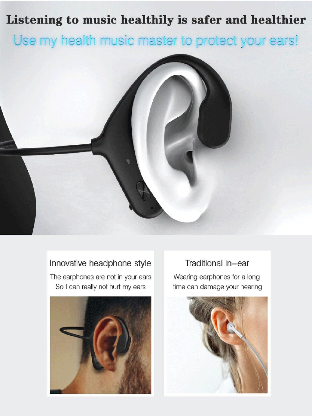 Black Bone Conduction Wireless Bluetooth 5.0 Sports Headphones
