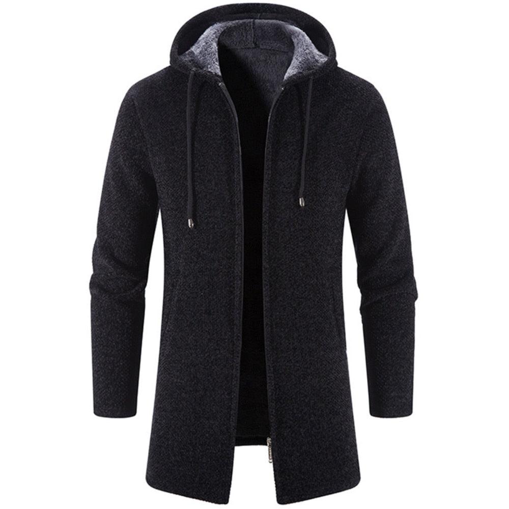 A stylish black hooded windbreaker for men, designed for winter weather with a unique, heavy-duty aesthetic.