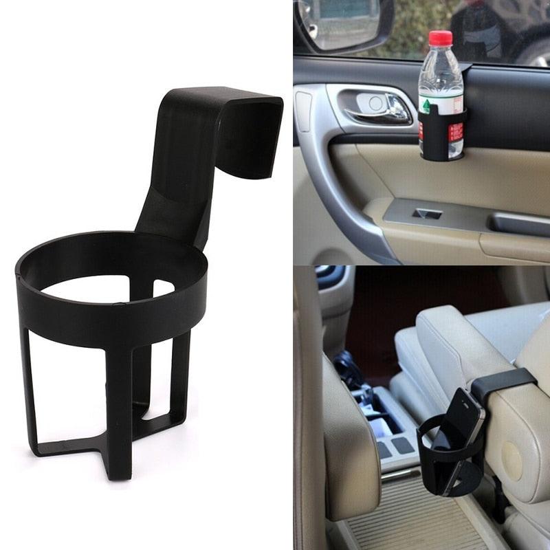 Black 2-in-1 adjustable car cup holder extender and beverage organizer installed in a vehicle console