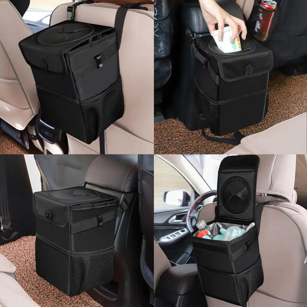 Black waterproof hanging car trash can and seat back storage organizer