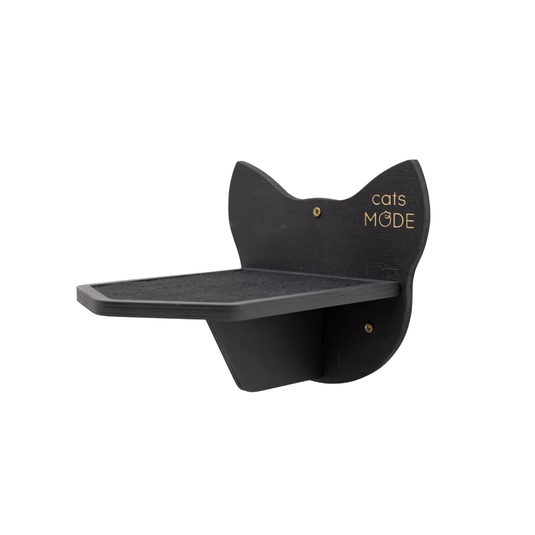 Modern black wooden wall-mounted cat step for feline climbing and activity