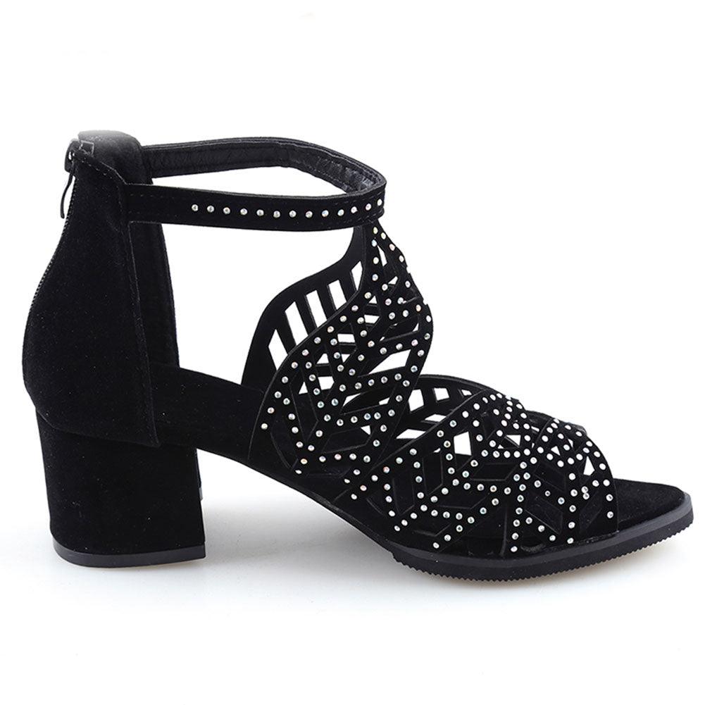 Women's Black Rhinestone Hollow Out Thick Heel Dressy Sandals