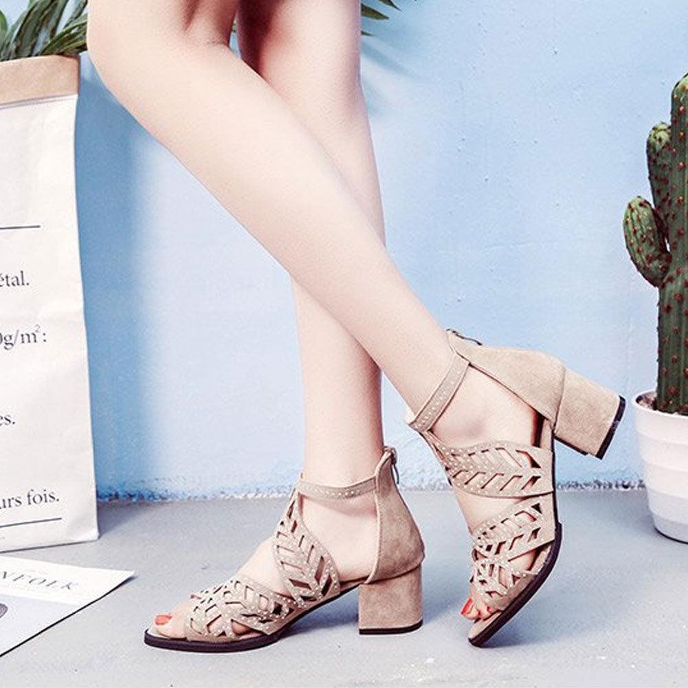 Women's Black Rhinestone Hollow Out Thick Heel Dressy Sandals