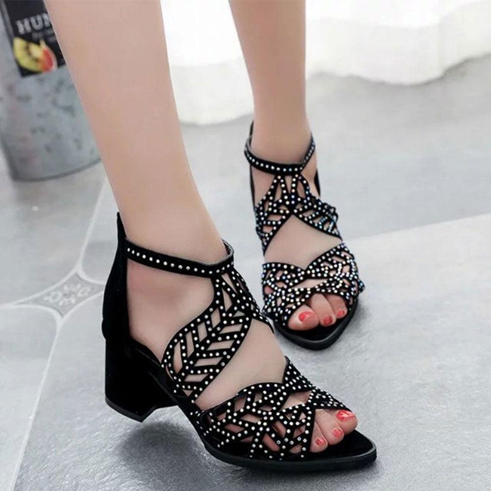 Women's Black Rhinestone Hollow Out Thick Heel Dressy Sandals