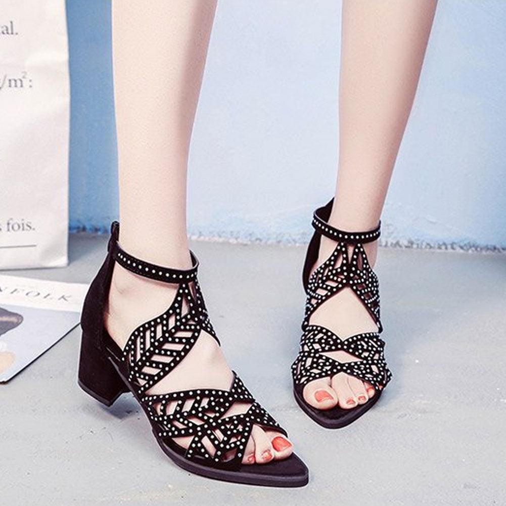 Women's Black Rhinestone Hollow Out Thick Heel Dressy Sandals