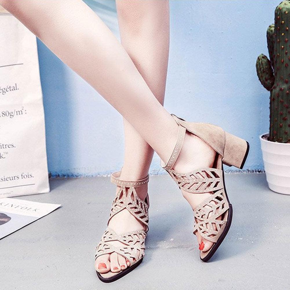 Women's Black Rhinestone Hollow Out Thick Heel Dressy Sandals