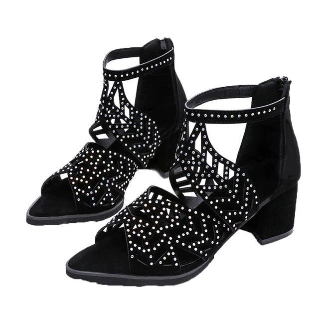 Women's Black Rhinestone Hollow Out Thick Heel Dressy Sandals