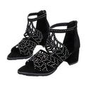 Women's Black Rhinestone Hollow Out Thick Heel Dressy Sandals
