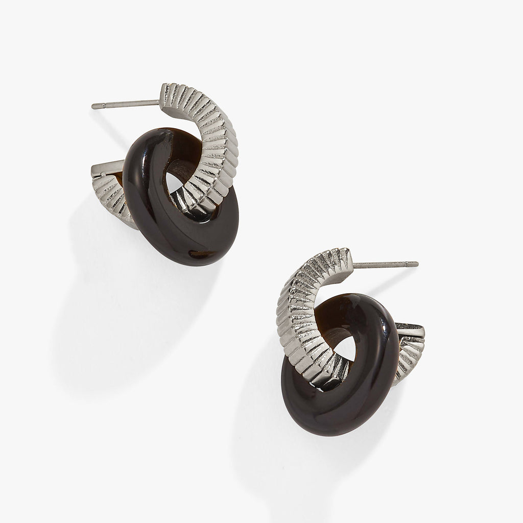 Black Onyx donut charm earrings with textured gold-tone stainless steel rings