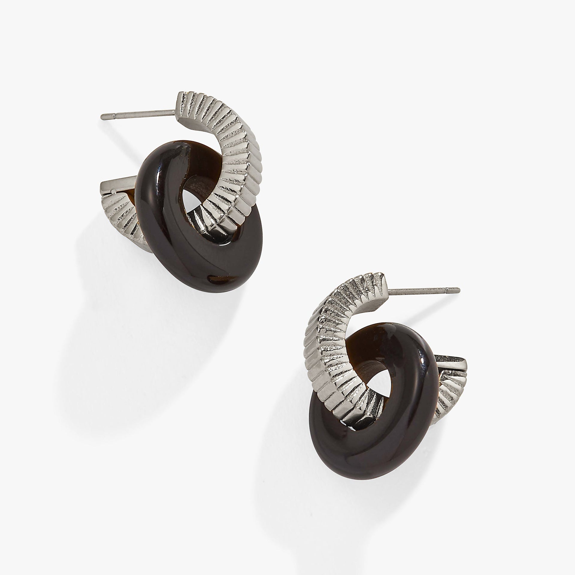 Black Onyx donut charm earrings with textured gold-tone stainless steel rings
