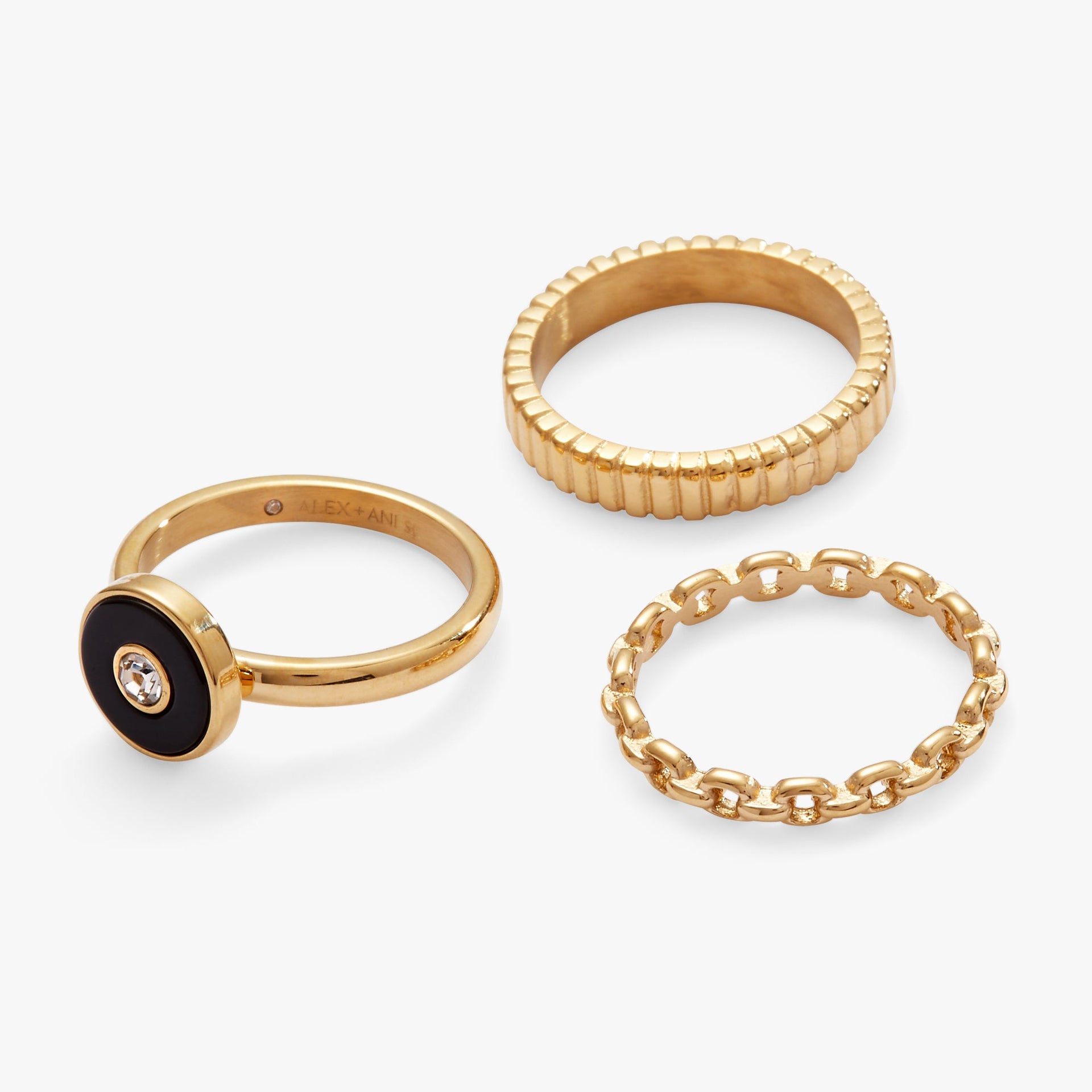 Black Onyx Statement Ring Set - 3-Piece Textured Silver Stacking Rings