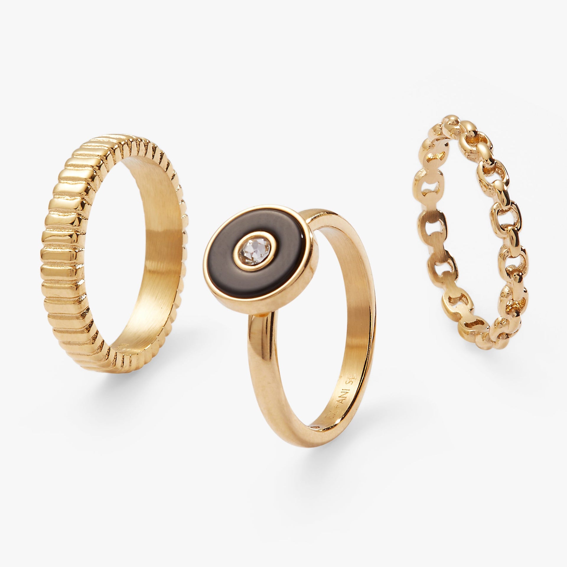 Black Onyx Statement Ring Set - 3-Piece Textured Silver Stacking Rings