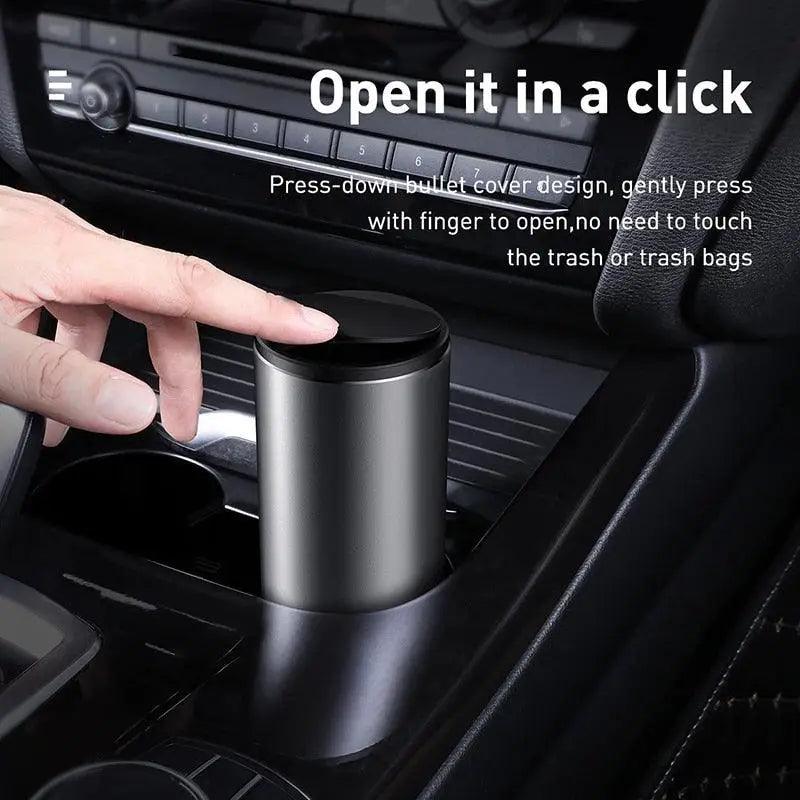 Compact black plastic trash bin for car interior organization