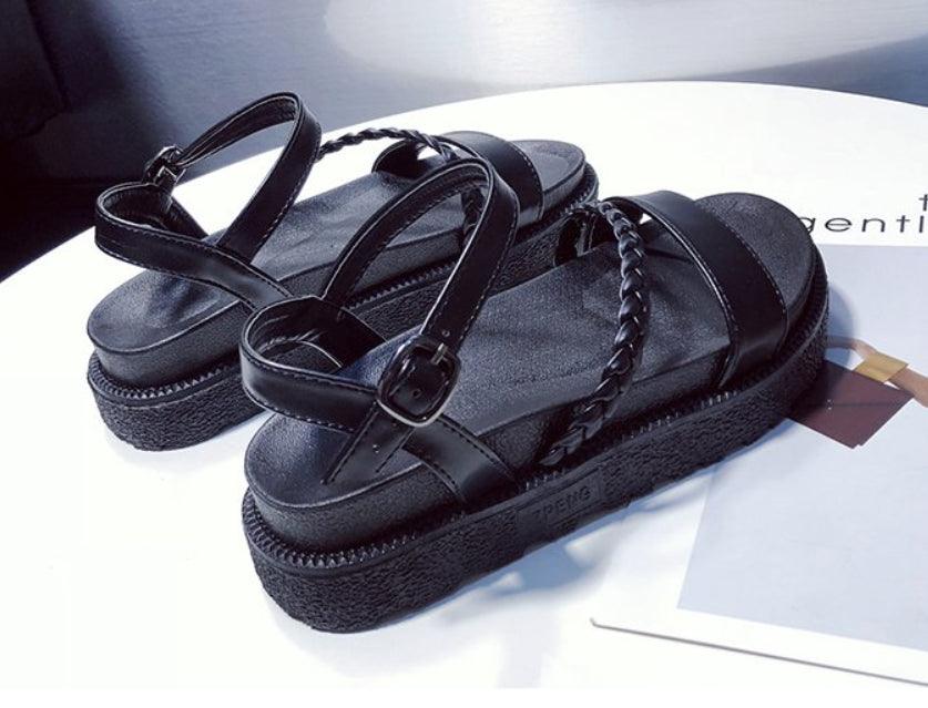 Women's Black Leather Flat Platform Sandals with Adjustable Buckles