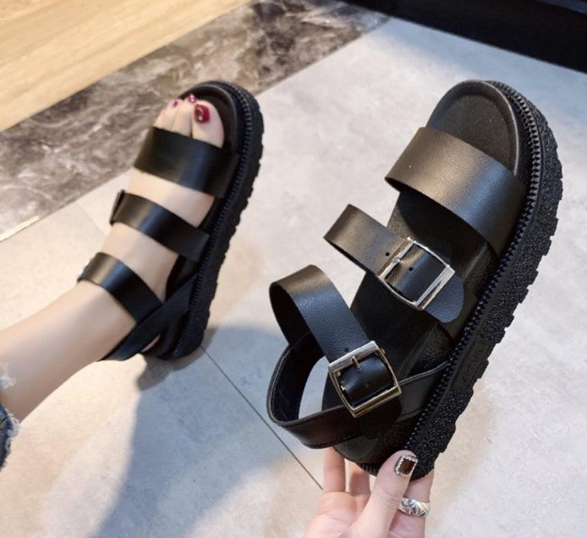 Women's Black Leather Flat Platform Sandals with Adjustable Buckles