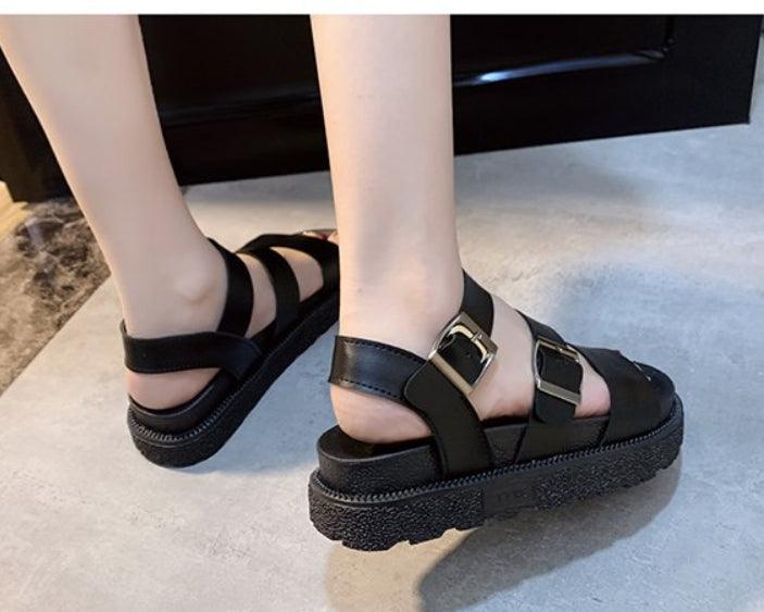 Women's Black Leather Flat Platform Sandals with Adjustable Buckles