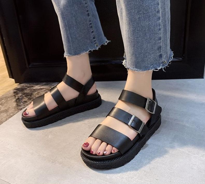 Women's Black Leather Flat Platform Sandals with Adjustable Buckles