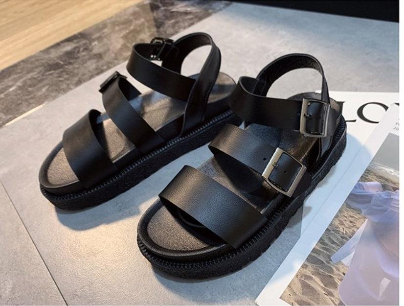 Women's Black Leather Flat Platform Sandals with Adjustable Buckles