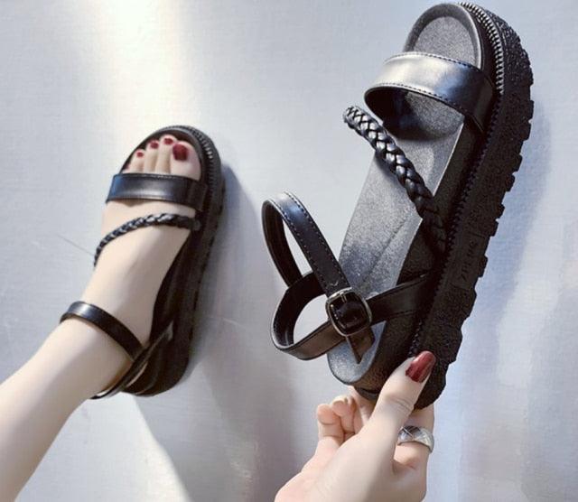 Women's Black Leather Flat Platform Sandals with Adjustable Buckles