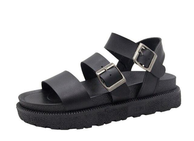 Women's Black Leather Flat Platform Sandals with Adjustable Buckles