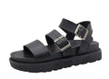 Women's Black Leather Flat Platform Sandals with Adjustable Buckles