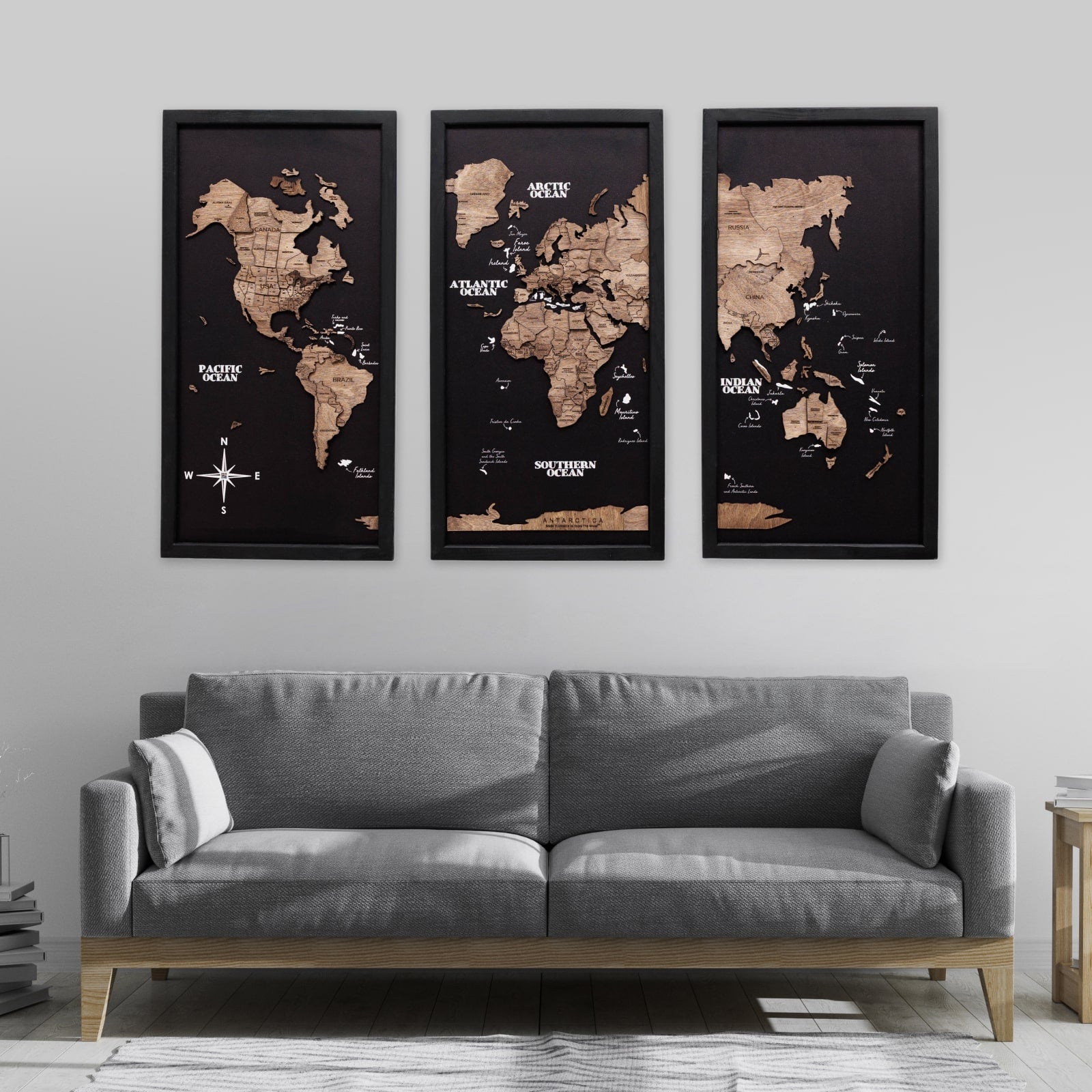 Triptych Wooden World Map Dark Walnut Modern Minimalist Wall Art