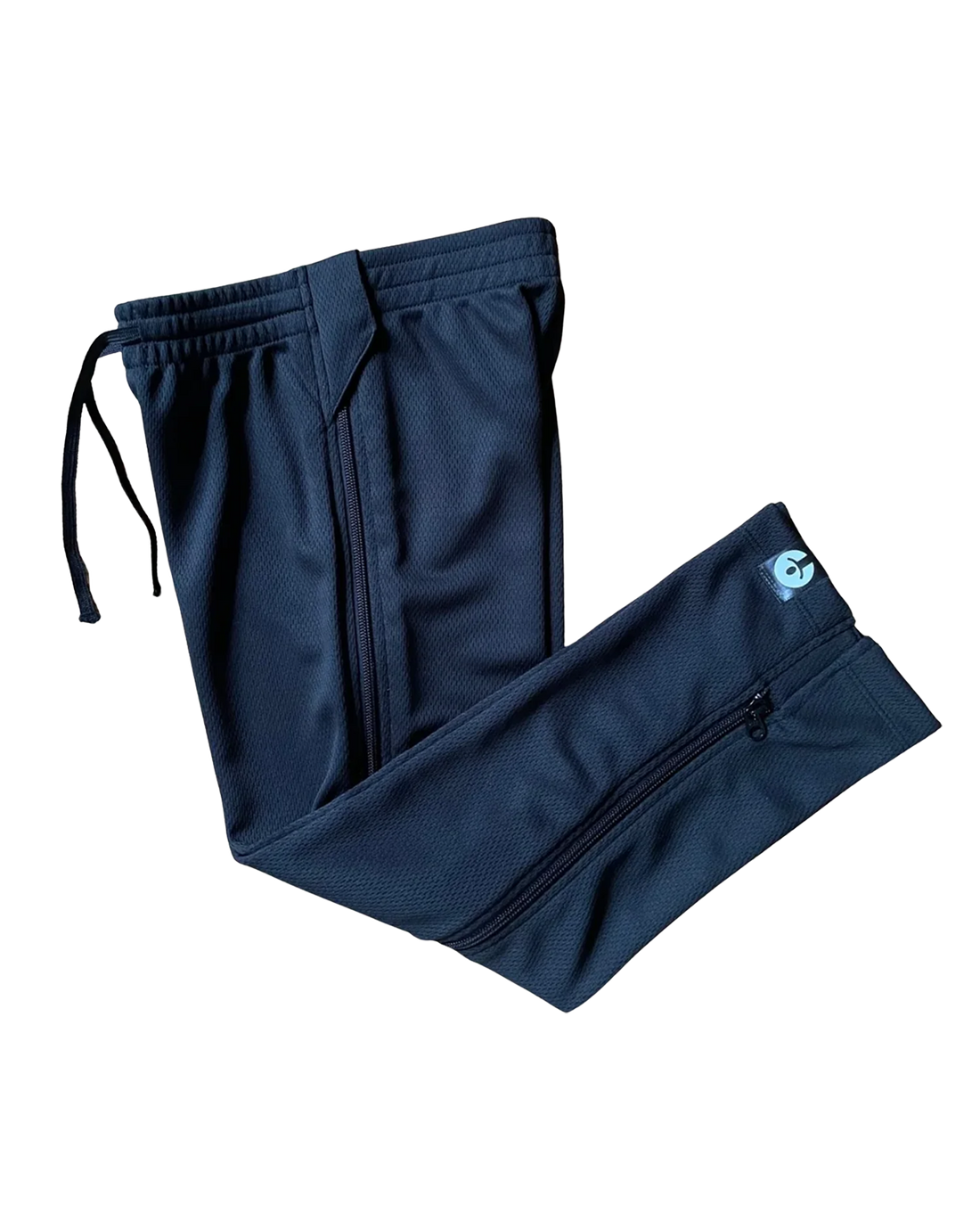 A pair of black heavyweight adaptive youth pants with full-length side zippers displayed against a white background.