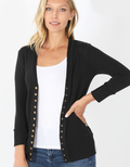 Black 3/4 sleeve snap-front cardigan worn with a casual outfit