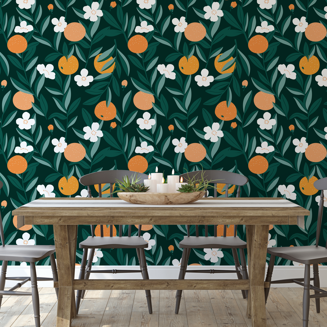 Close up of Talia floral wallpaper with orange, green, and cream botanical print