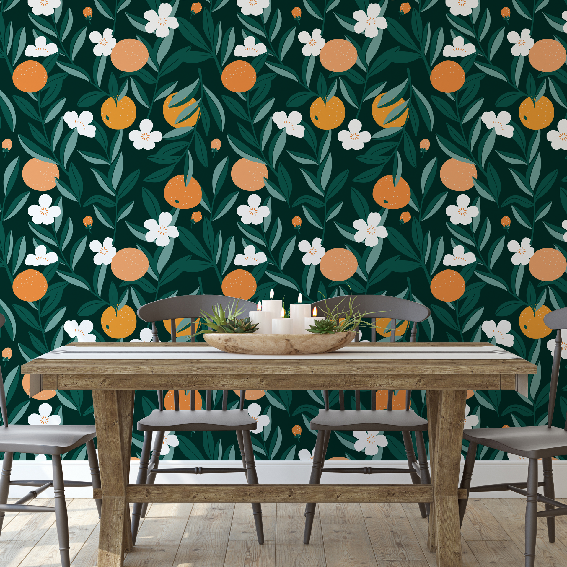 Close up of Talia floral wallpaper with orange, green, and cream botanical print