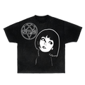 Black streetwear t-shirt with white heart and person graphic print on chest