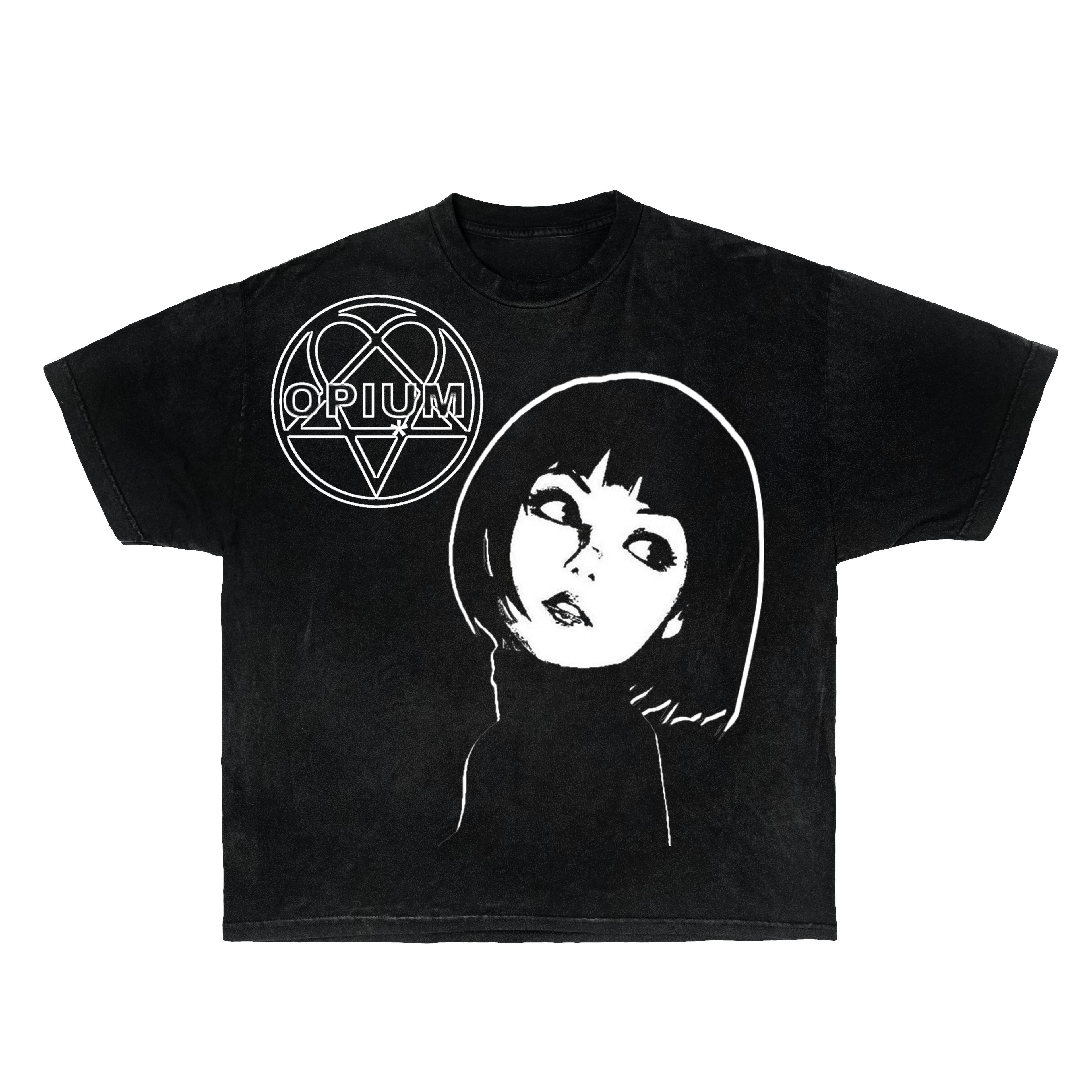 Black streetwear t-shirt with white heart and person graphic print on chest