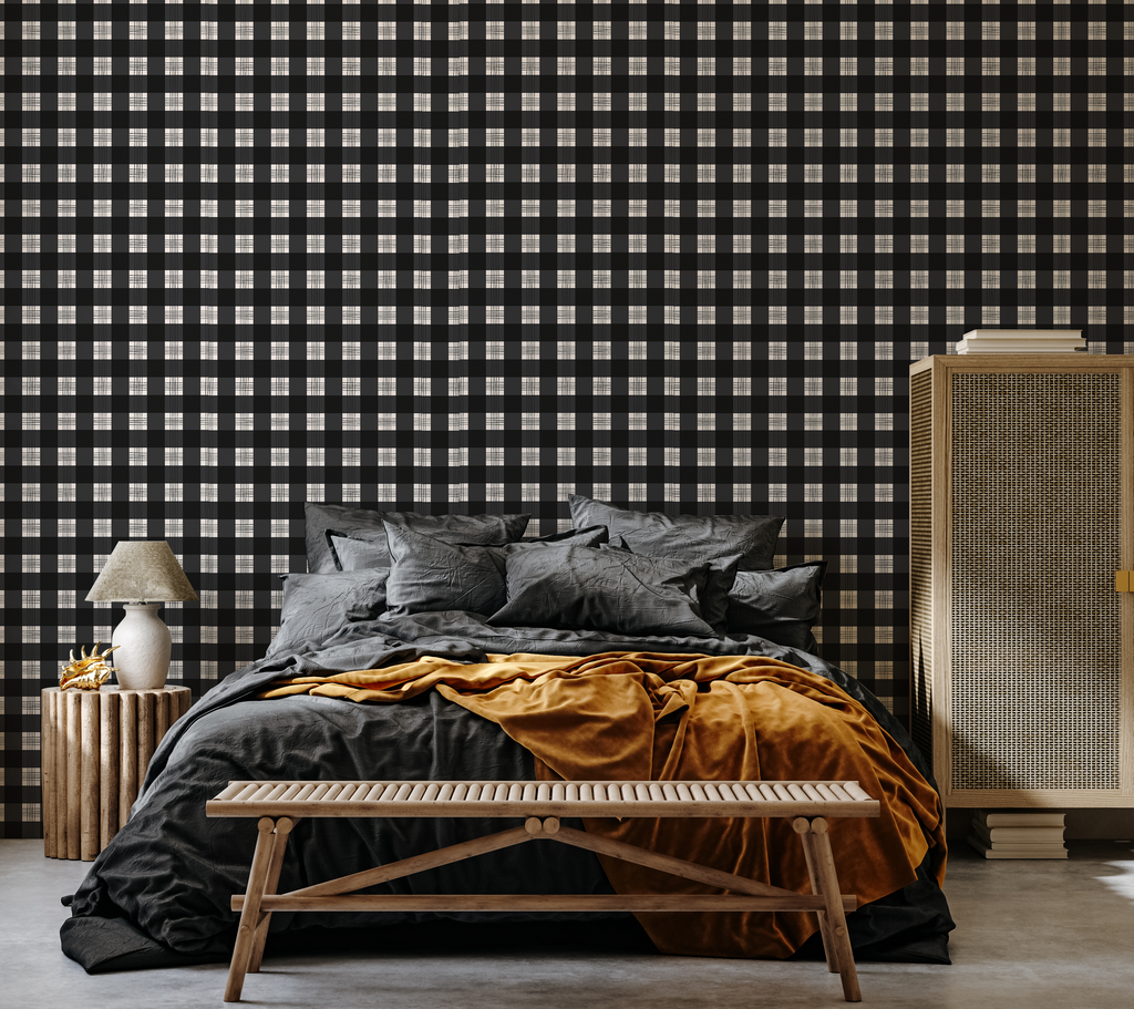 Declan Plaid Removable Wallpaper in Charcoal and Off-White