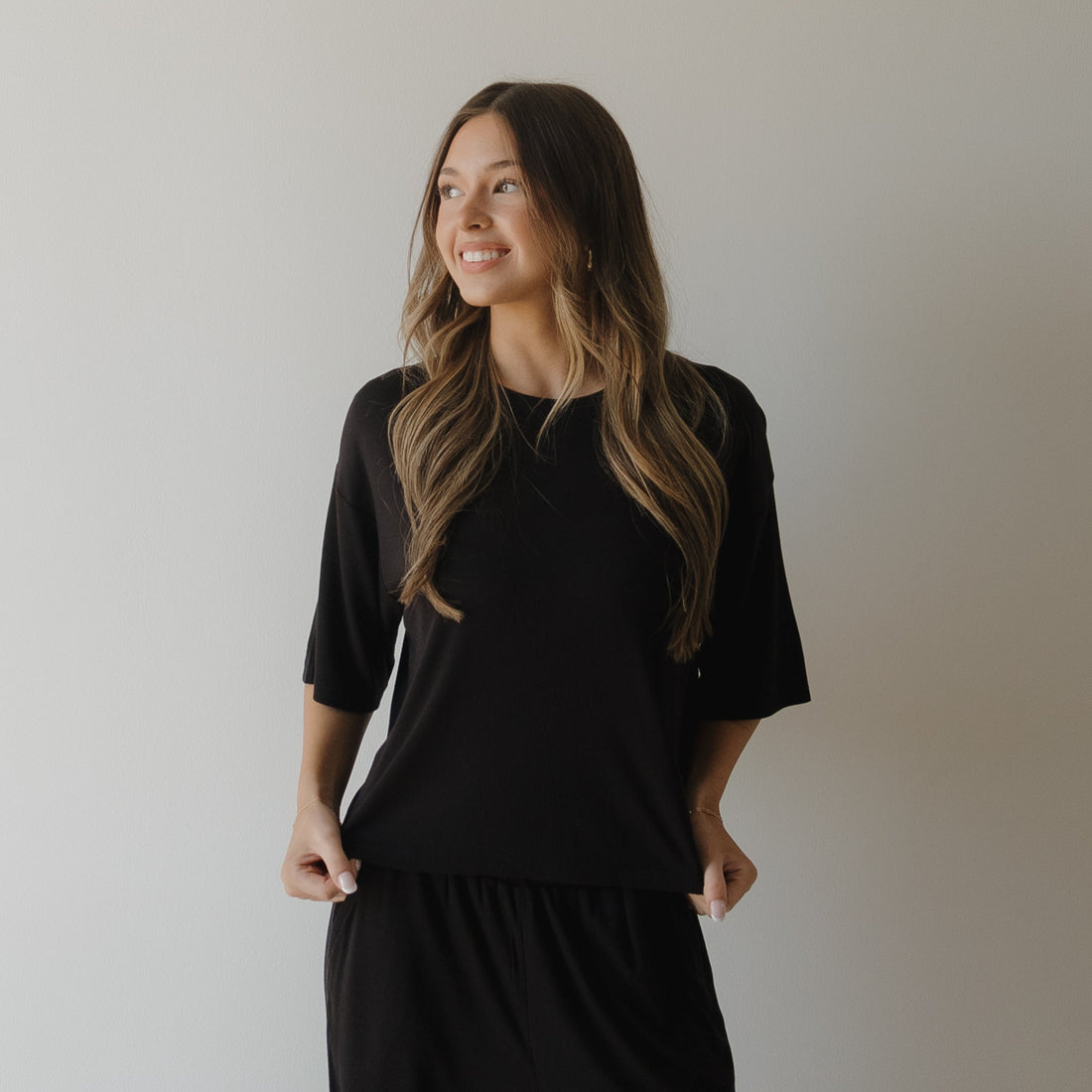 Women's Ribbed Black Boxy Tee Lounge Set