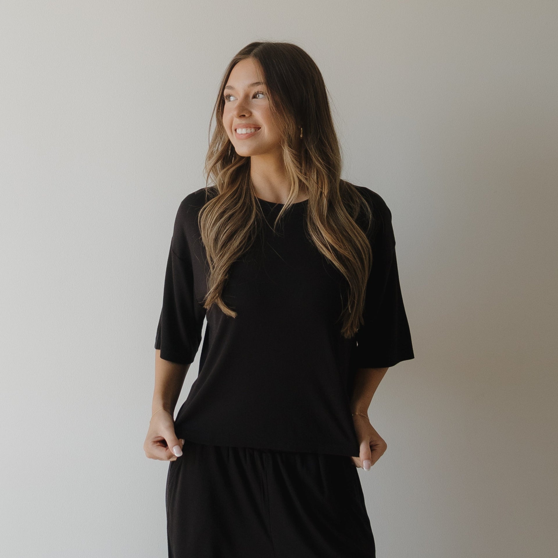 Women's Ribbed Black Boxy Tee Lounge Set