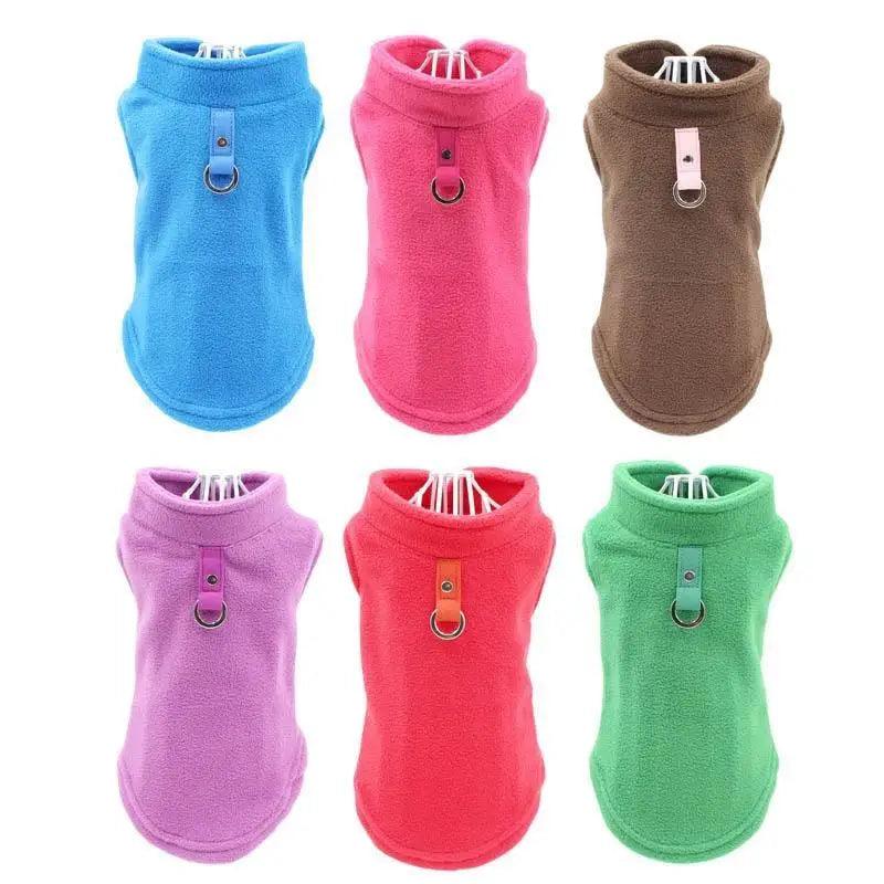 Small dog wearing a bright candy-colored soft fleece vest with a collared neckline.