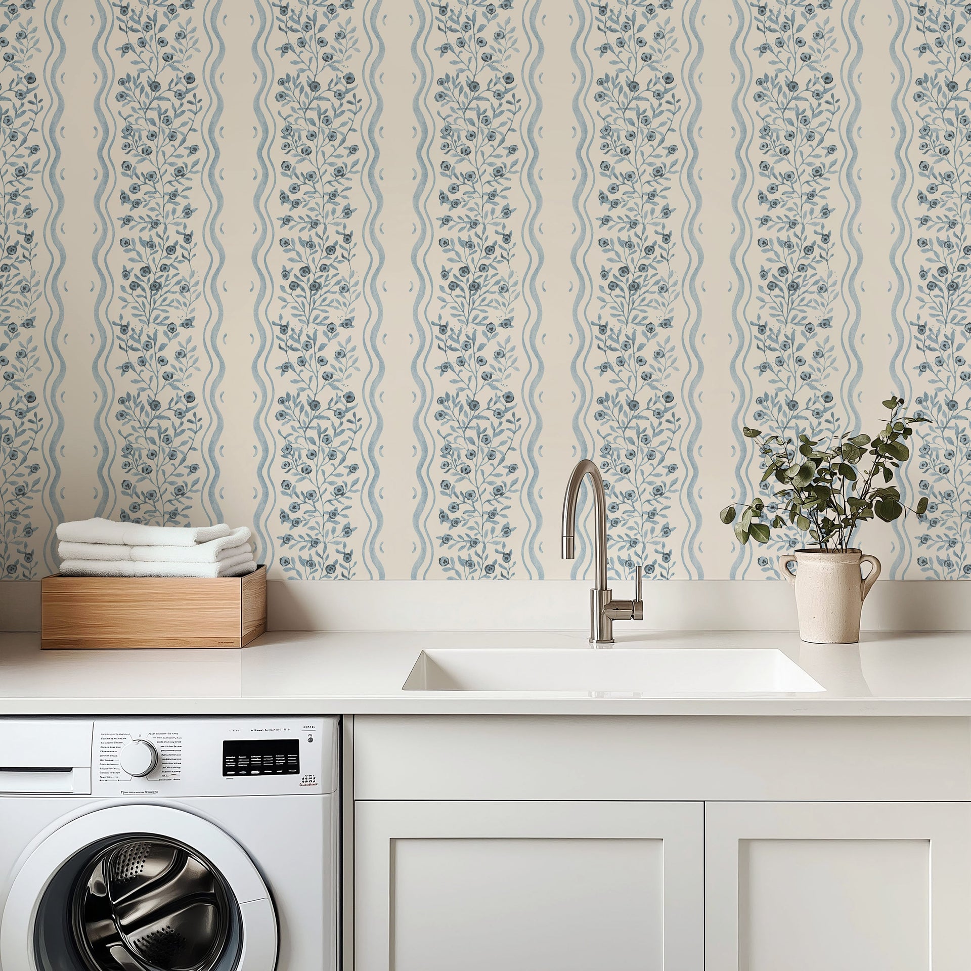 Jovy Floral Wallpaper in Blue and Cream - Traditional Wall Art
