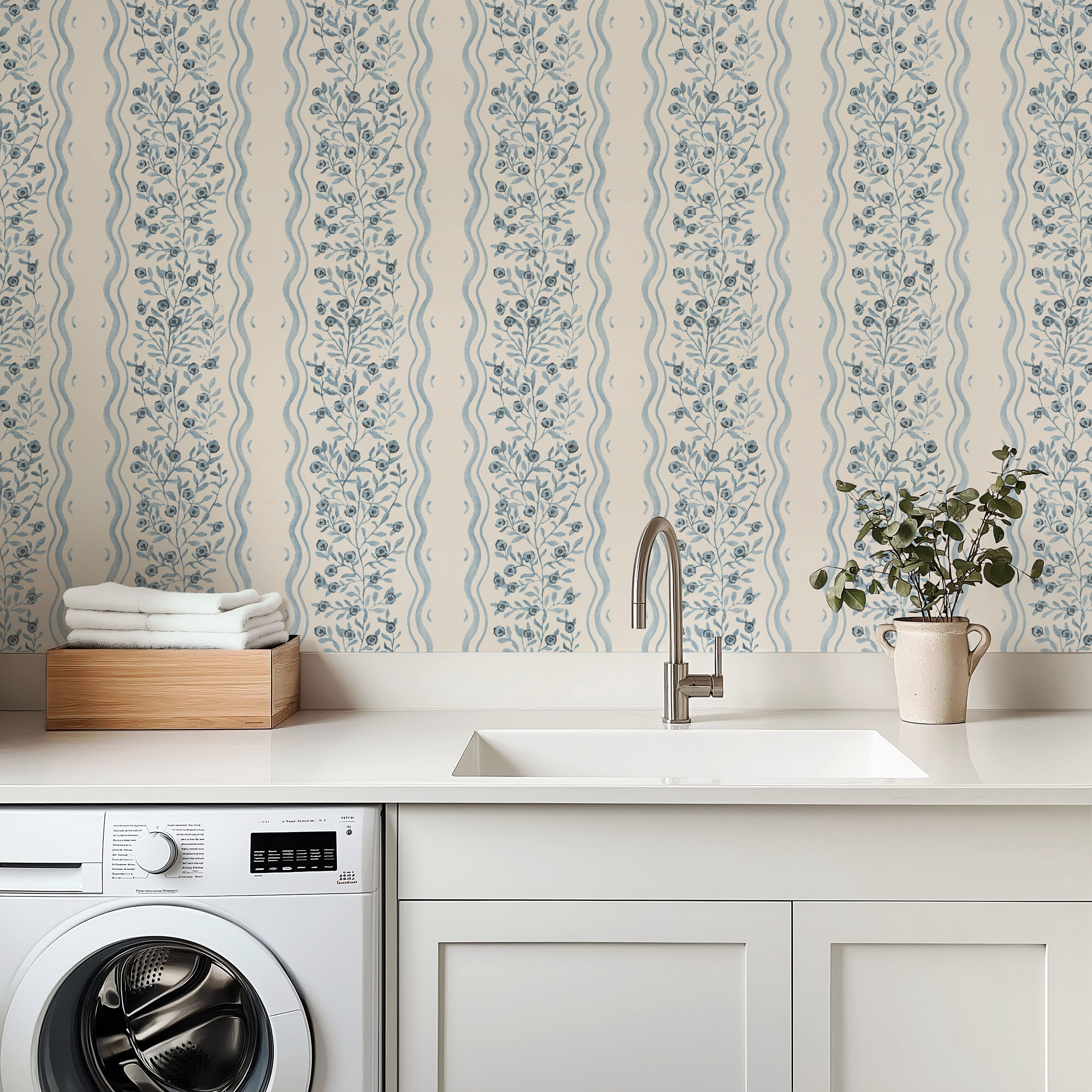 Jovy Floral Wallpaper in Blue and Cream - Traditional Wall Art