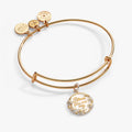 Mixed metal charm bangle engraved with Bloom Your Own Way and 3D floral accents