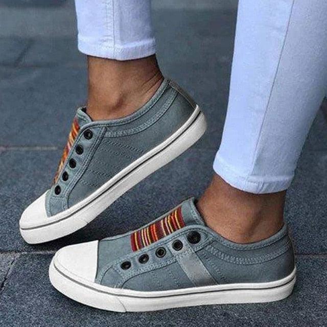Blue Canvas Slip-On Flats: Comfortable Low-Cut Walking Sneakers