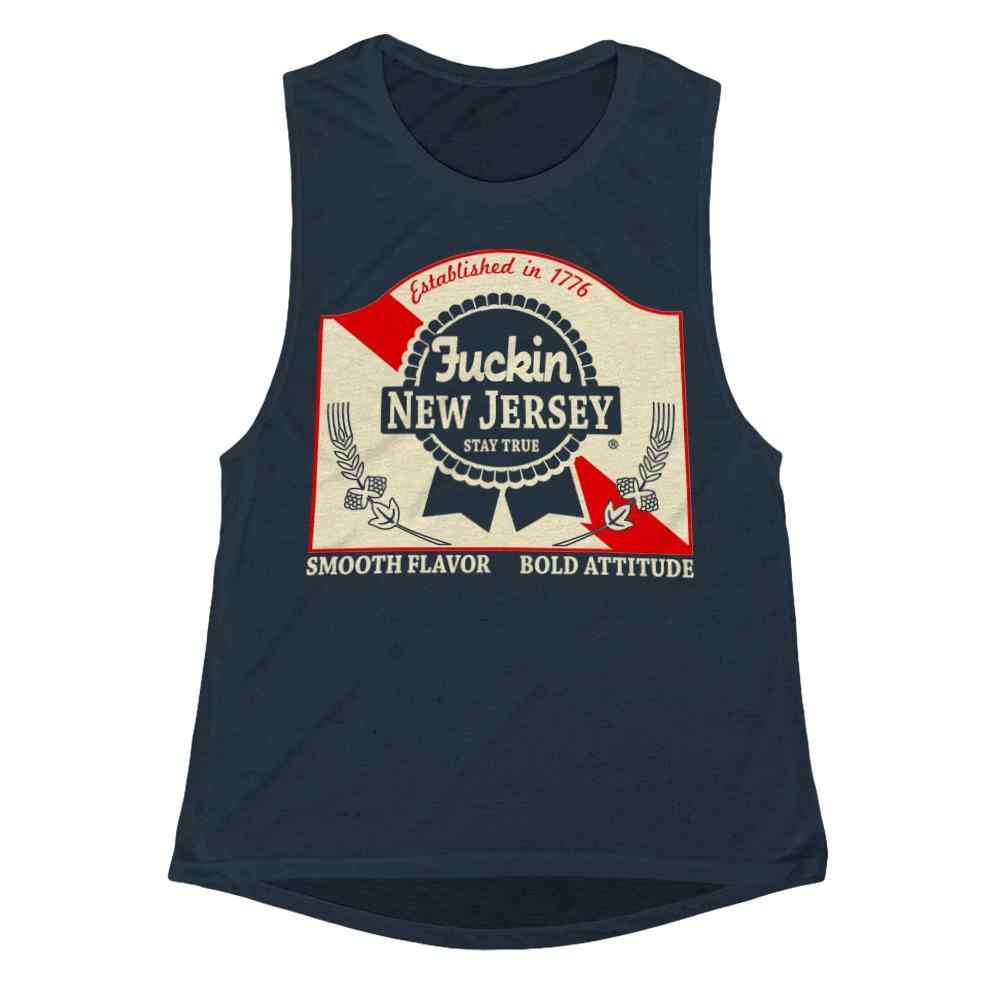 Girls blue tank top with vintage beer label graphic design featuring New Jersey typography