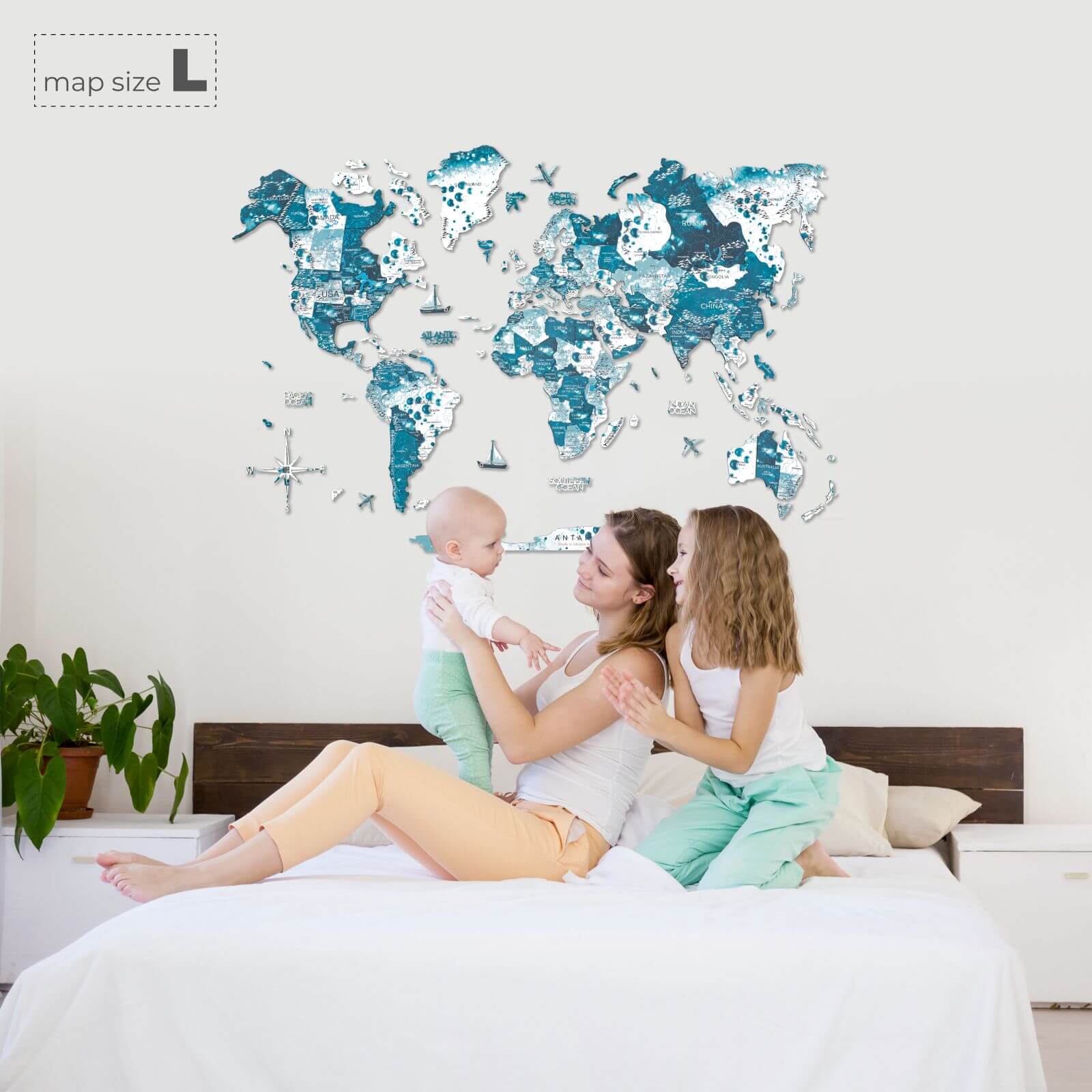 3D Wooden World Map Aurora Blue Wall Art for Home Decor