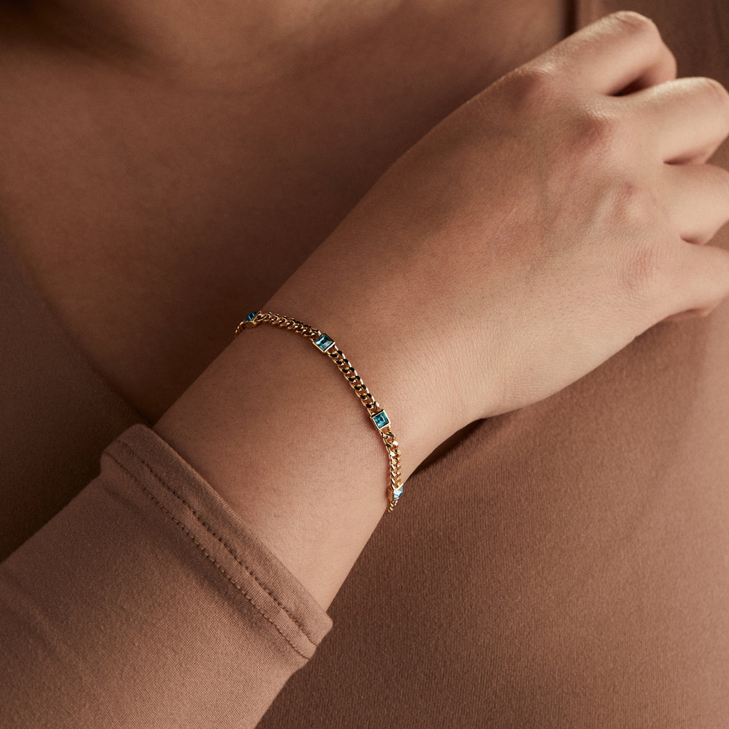 December Birthstone Princess-Cut Blue Zircon Curb Chain Bracelet