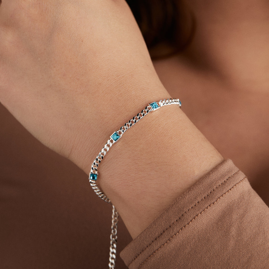 December Birthstone Princess-Cut Blue Zircon Curb Chain Bracelet