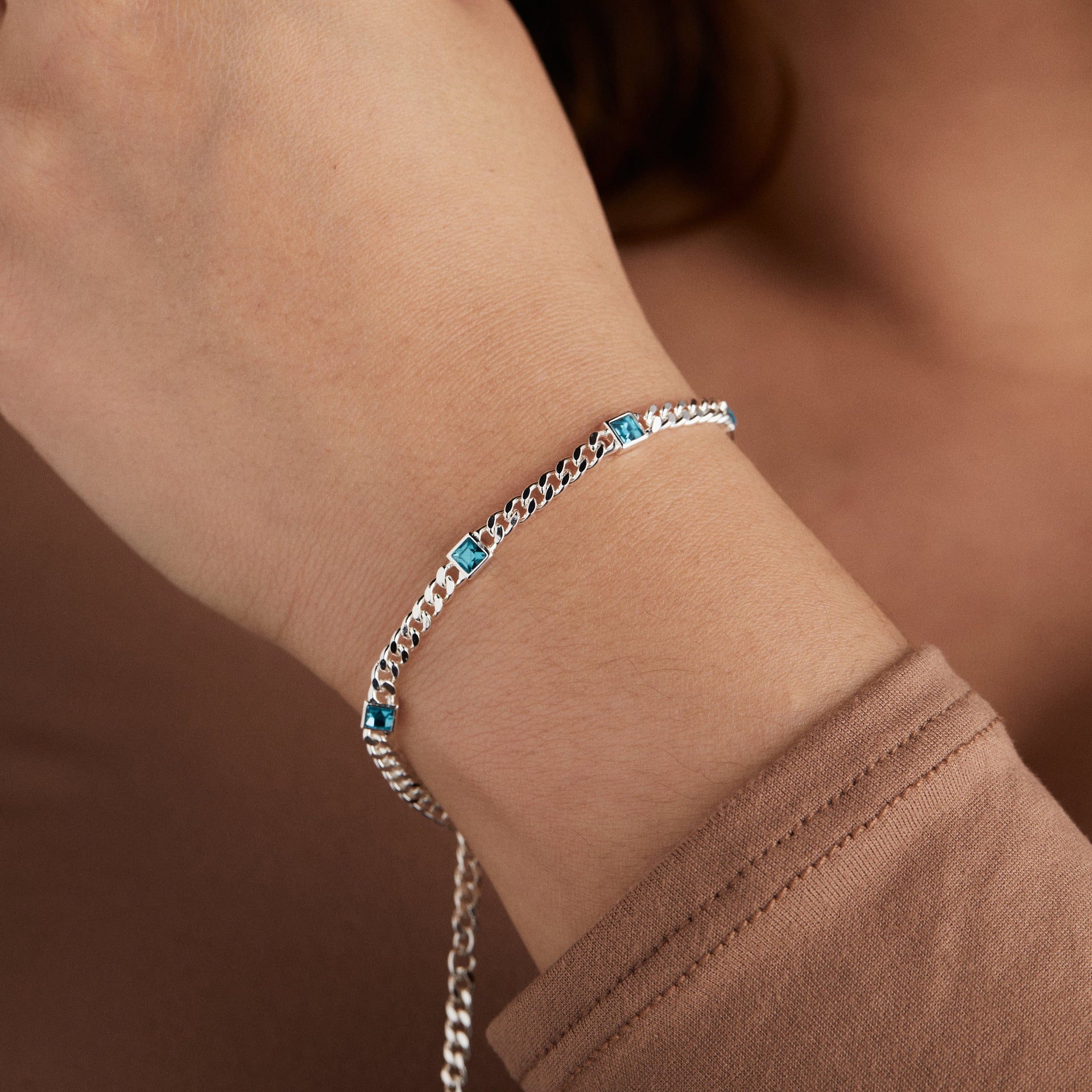 December Birthstone Princess-Cut Blue Zircon Curb Chain Bracelet