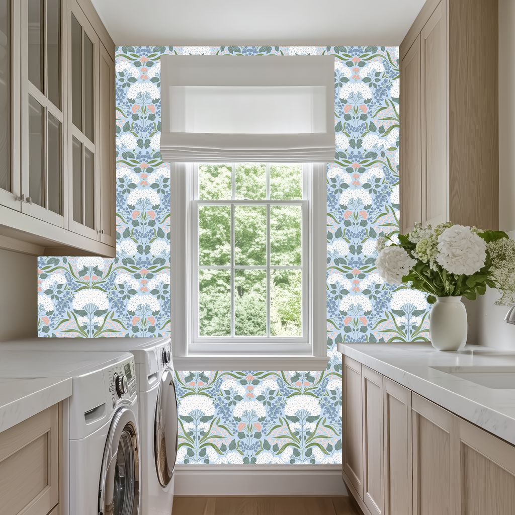 Catherine Floral Wallpaper in White, Blue, Green and Pink