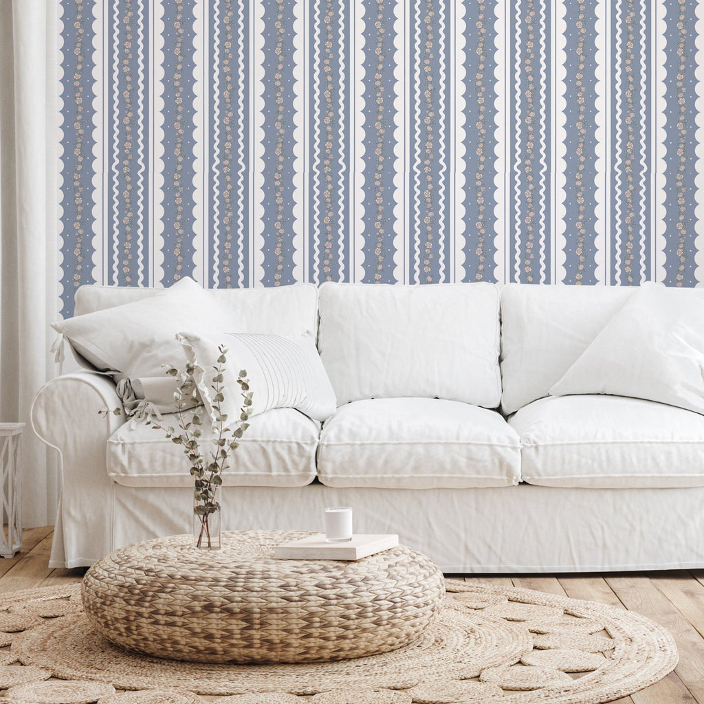Solana striped wallpaper in blue, beige, sage-green, and white