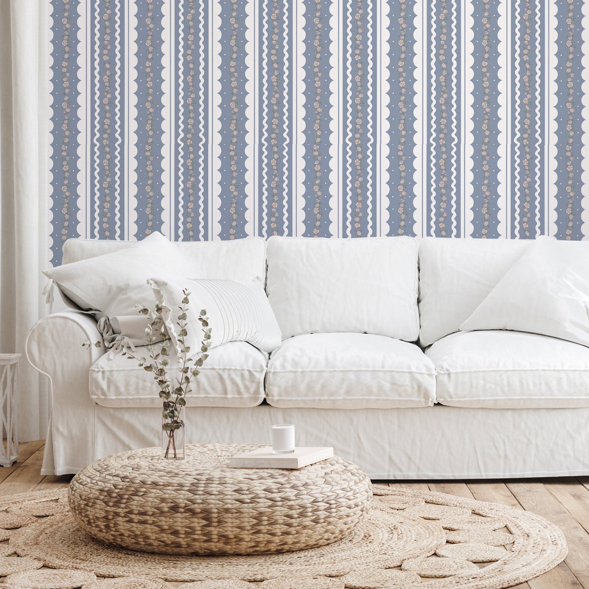 Solana striped wallpaper in blue, beige, sage-green, and white